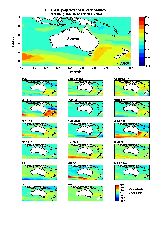 Projected sea-level departures from the global mean for 2030