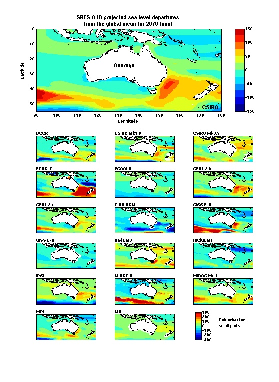 Projected sea-level departures from the global mean for 2070