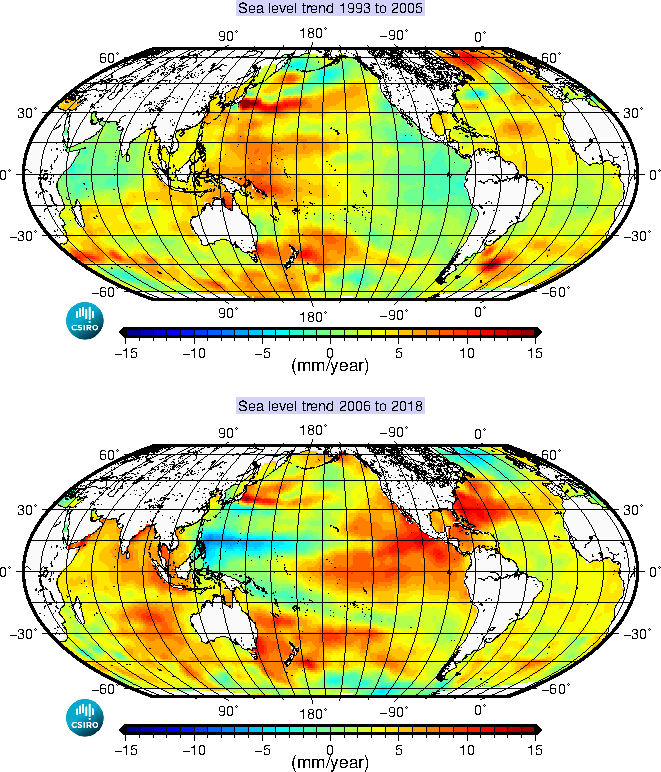 Plot of sea level trends from 1993 to 2007 and 2007 to 2019